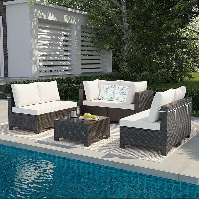 Ophelian 7 Pieces Outdoor Conversation Sectional Rattan Sofa, Patio Furniture Set, with Wicker and Cushions for Garden and Backyard, (Brown/Beige)