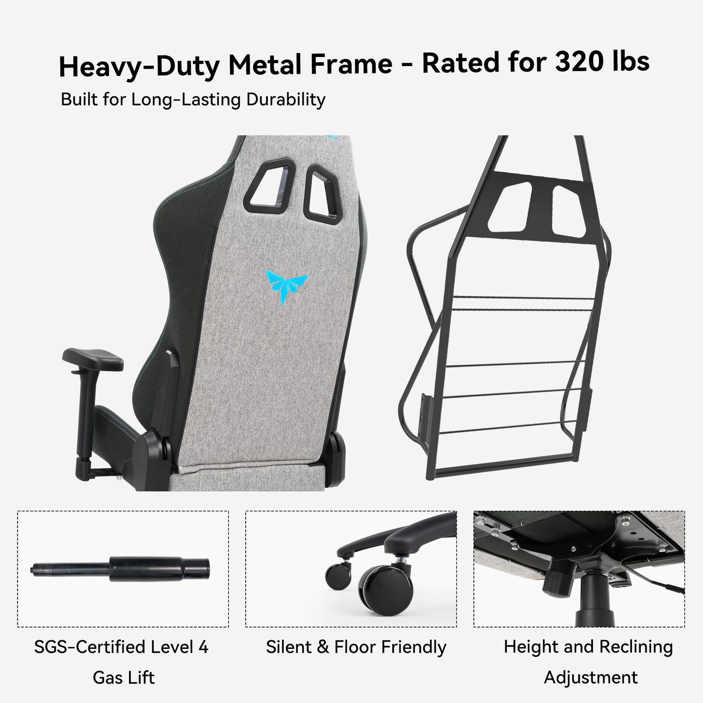 VENTUVIBE Gaming Chair 4D Adjustable Armrests - 155° Reclining & 320lb Capacity, High Back Ergonomic Computer Chair with Lumbar Support, Fabric Office Chair for Adults (Gray)