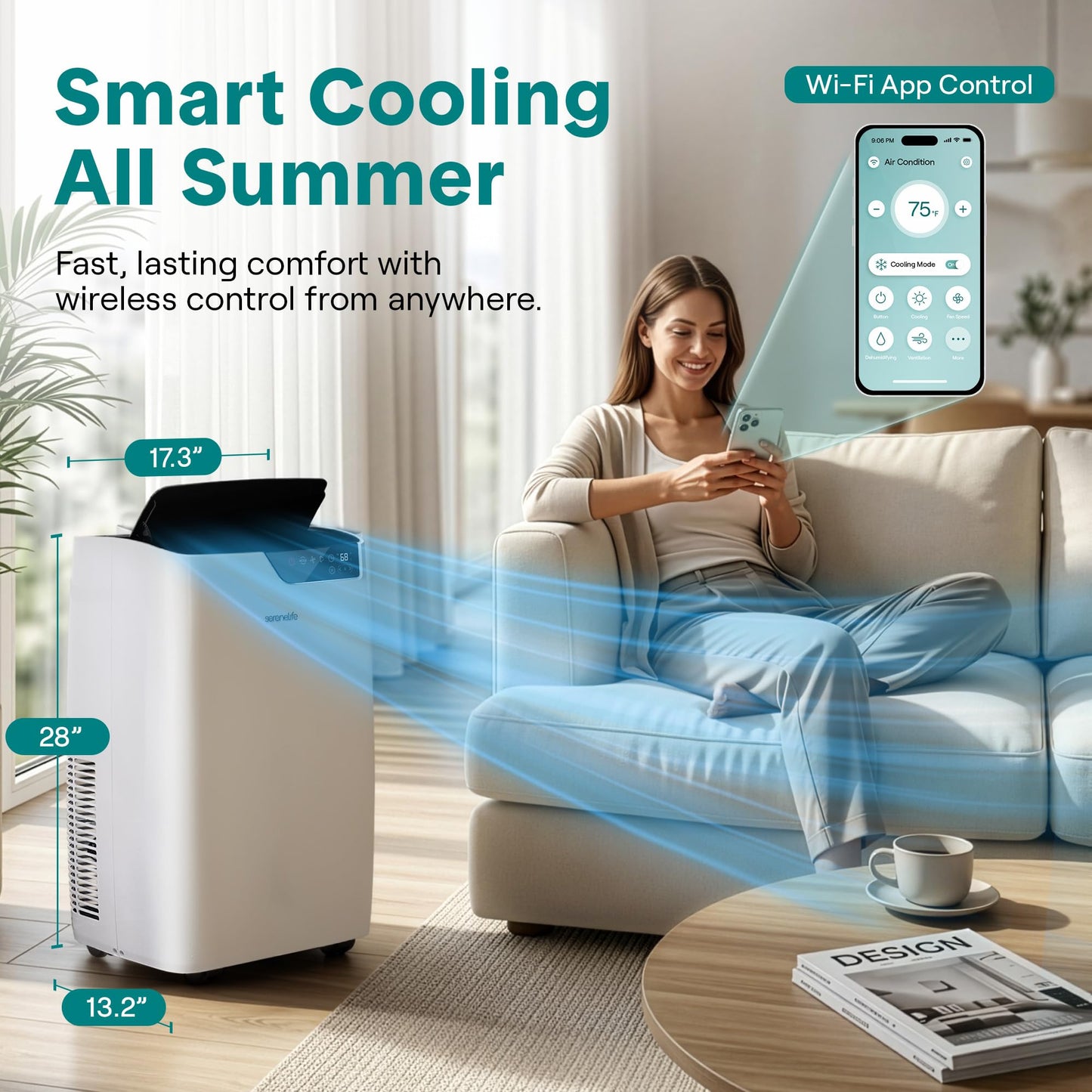 SereneLife Single Duct Portable Air Conditioner and Heater 12000 BTU Portable AC Unit with Smart WiFi Control, Dehumidifier & Fan Modes, Portable Air Conditioners for Bedroom or Room up to 450 Sq Ft