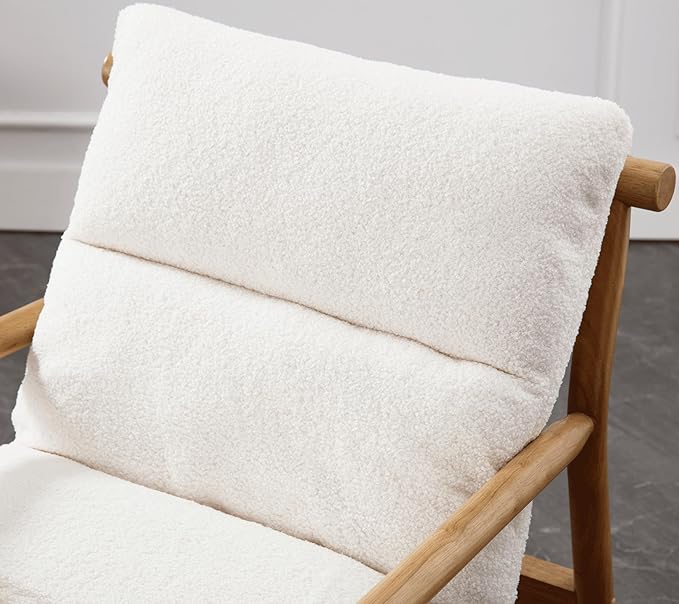 White Sherpa Accent Chair Mid Century Modern Living Room Chairs Comfy Arm Chair w/Solid Wood Legs Boucle Upholstered Lounge Side Chair for Bedroom/Reading/Sofa/Bedside