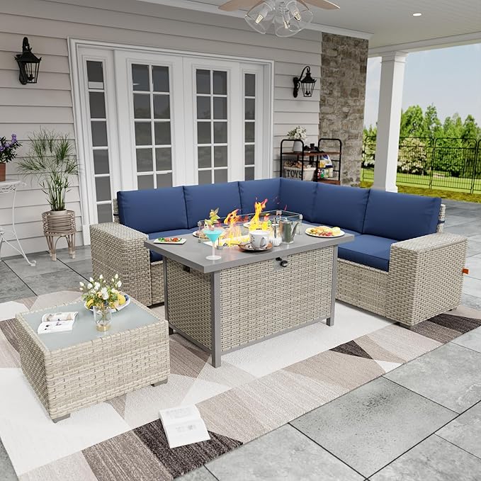 Broivira 7 Piece Patio Furniture Set with 50,000 BTU Rattan Fire Pit Table That Converts to Coffee Table, 9.8" Wide Arm Sectional Sofa with Storage Armrests, Outdoor Rattan Conversation Set, Blue