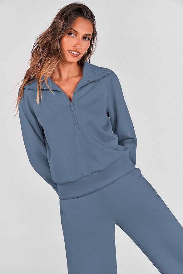 PRETTYGARDEN Women's 2 Piece Outfits Casual Lapel Half Zip Sweatshirts and Wide Leg Pants Tracksuit Sets