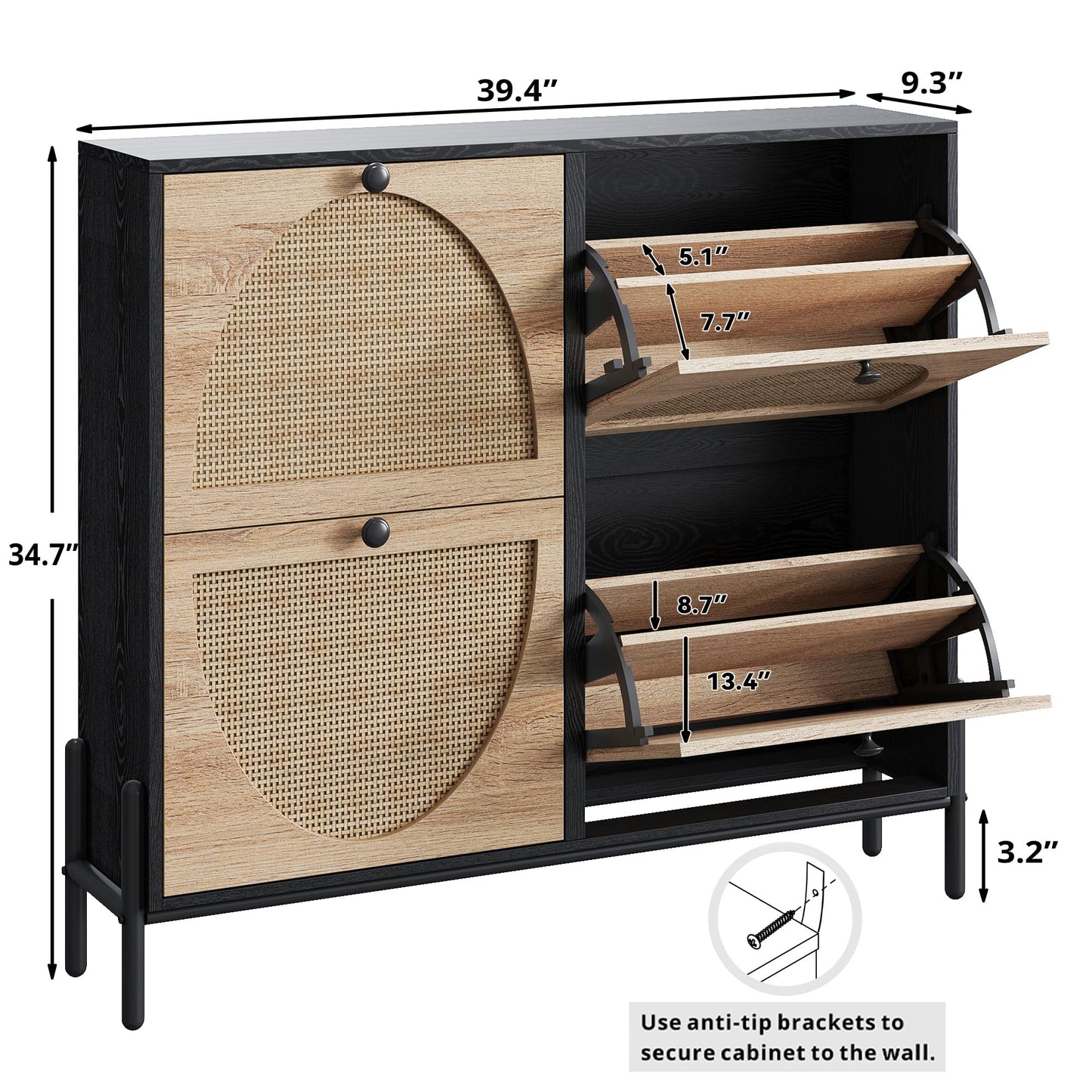 IRONCK Rattan Shoe Cabinet Storage with 4 Flip Drawers, Freestanding Shoe Storage Organizer Cabinet for Entryway, Narrow Shoe Rack Cabinet, Black
