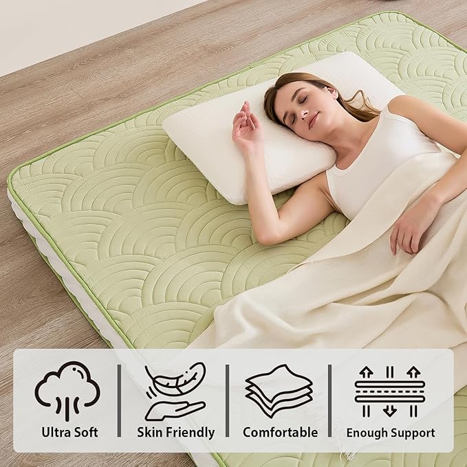 Zelladorra Japanese Floor Mattress, Quilted Futon Mattress with Anti-Slip Bottom, Foldable Floor Bed with Storage Bag and Straps, (Green, Full)