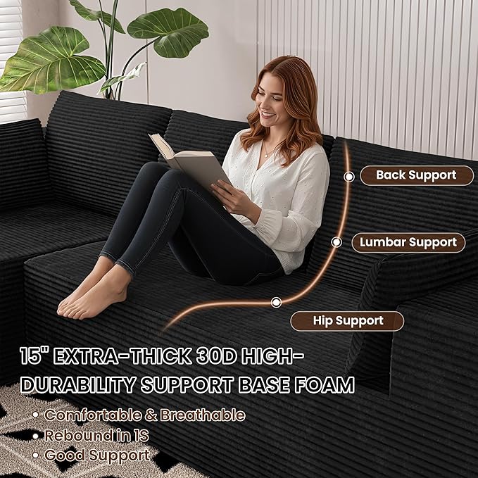 106" Cloud Sectional Boneless Couches for Living Room, Modular U Shaped Couch with Deep Seat, Removable Ottoman, Memory Foam Compressed Spineless 4 Seater Sofa for Bedroom Apartment, Black