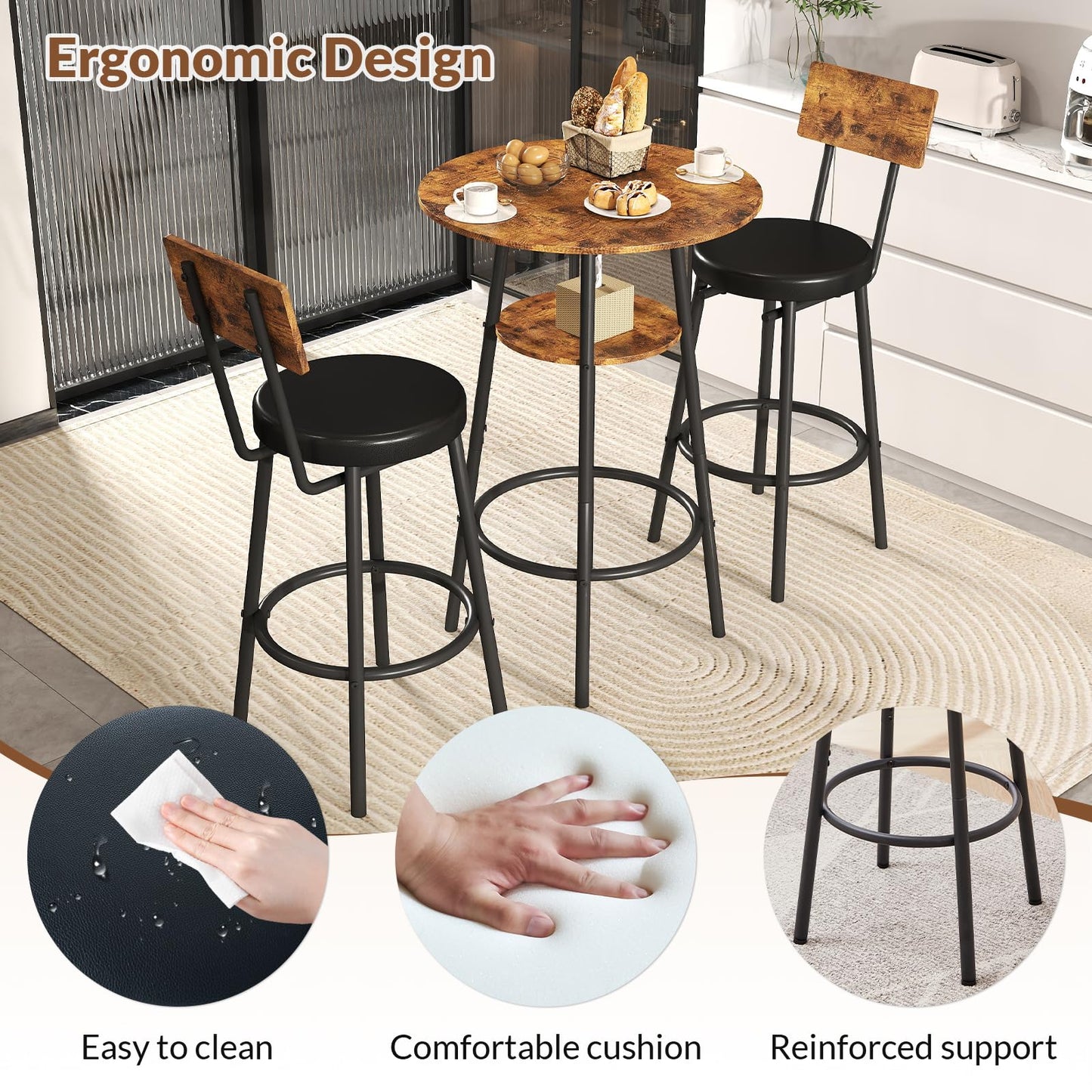 Zevemomo 3 Pieces Round Bar Table Set, Small Dining Table for 2, Modern Kitchen Bar Table, Breakfast Table with Storage, 2 Thickened Cushion Stools with Backrest for Dining Room, Bistro-Brown