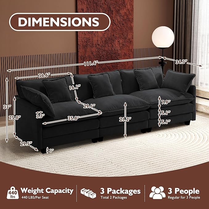 Ihanherry 111.4 Inch 3-Seater Cloud Sofa, Modular Sectional Couch, Modern Deep Seat Sofa for Living Room, Comfy Double Layer Upholstered Seat Cushion, Breathable Chenille Fabric, Black