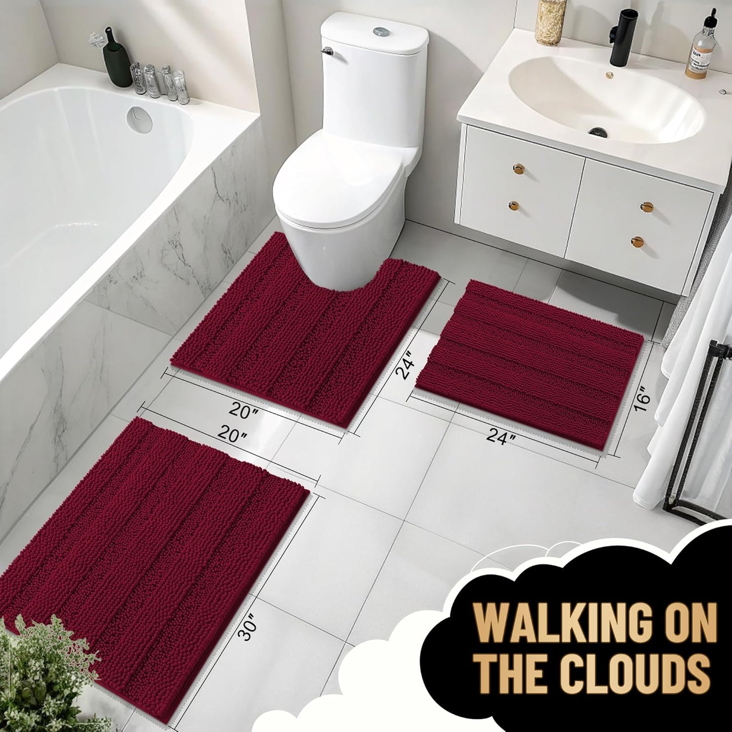OLANLY Thick Bathroom Rugs 24x16, Extra Soft Absorbent Chenille Striped Bath Rugs, Rubber Backing, Machine Wash Dry, Bath Mats for Bathroom Floor, Tub and Shower, Home Decor Accessories, Burgundy
