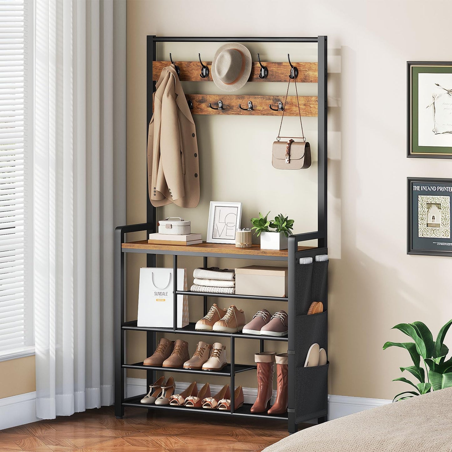 HOOBRO Hall Tree with Bench, Shoe Rack with Coat Rack, Coat Rack with Shoe Storage, 5 Tier Shoe Storage Organizer with Oxford Fabric Side Pockets, Coat and Shoe Rack Entryway, Rustic Brown BF45MT01