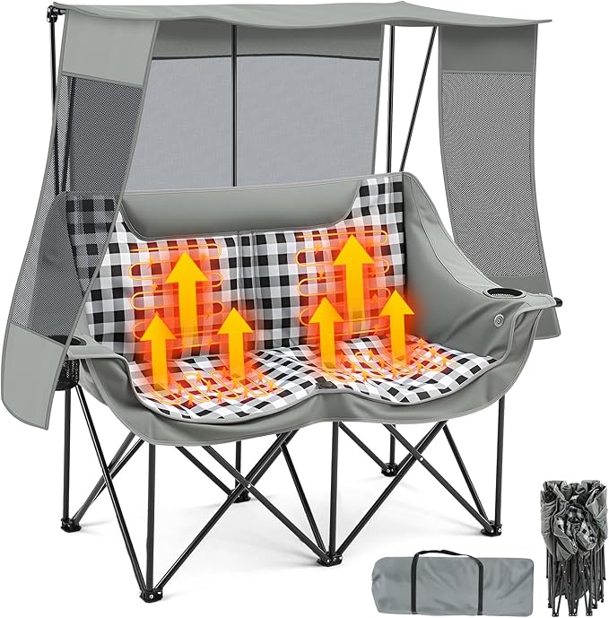 Heated Double Camping Chair with Canopy, Padded Loveseat 660lbs Folding Portable Chair with Pocket for Adult Outdoor Lawn,...