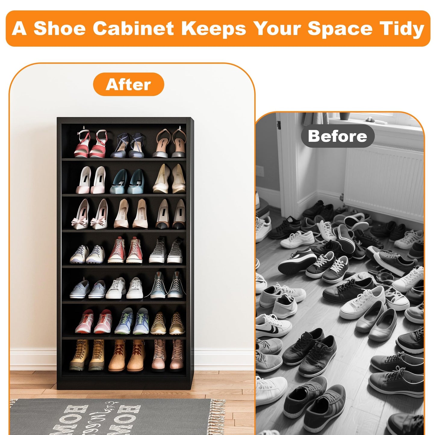VASAAOSD Shoe Rack for Entryway, 7-Tier Shoe Cabinet with Adjustable Shelves, Freestanding Shoe Organizer, Black Shoe Storage Cabinet for Entrance, Hallway, Living Room