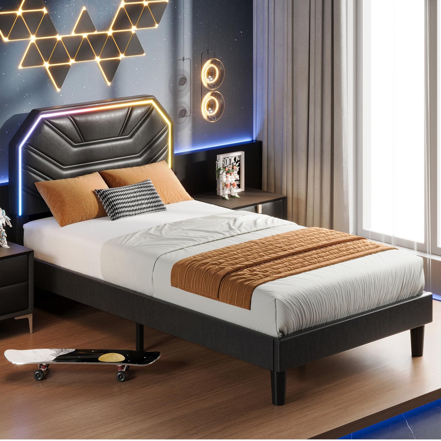 LIKIMIO Twin XL Bed Frames with Lighted Headboard, Upholstered Modern Cama Twin XL Platform Bed with Heavy Duty Supports, No Box Spring Need, Noise Free, Easy Assembly, Black