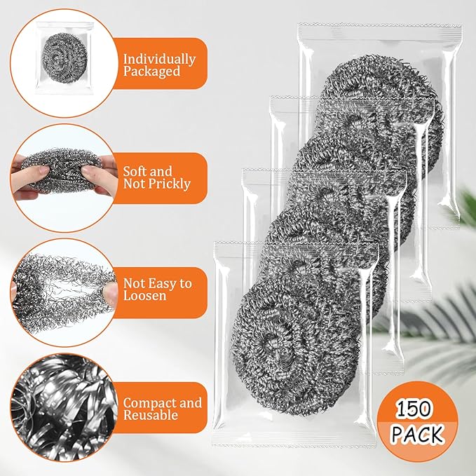 150 Pieces Stainless Steel Scourers Bulk Steel Wool Scrubbers Small 10 gram Metal Sponges Wire Scouring Pad for Stoves, Pots, Pans, Oven, Cooker Hoods for Kitchen Bathrooms(Separately Packaged)