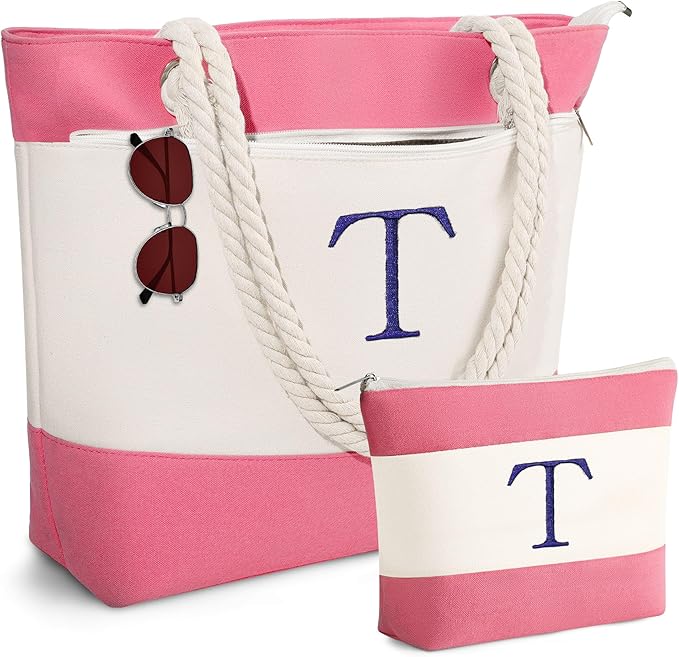YOOLIFE Beach Bags for Women - Initial Canvas Tote Waterproof Bag with Makeup Bag Gifts for Women Mom Friend Birthday Her