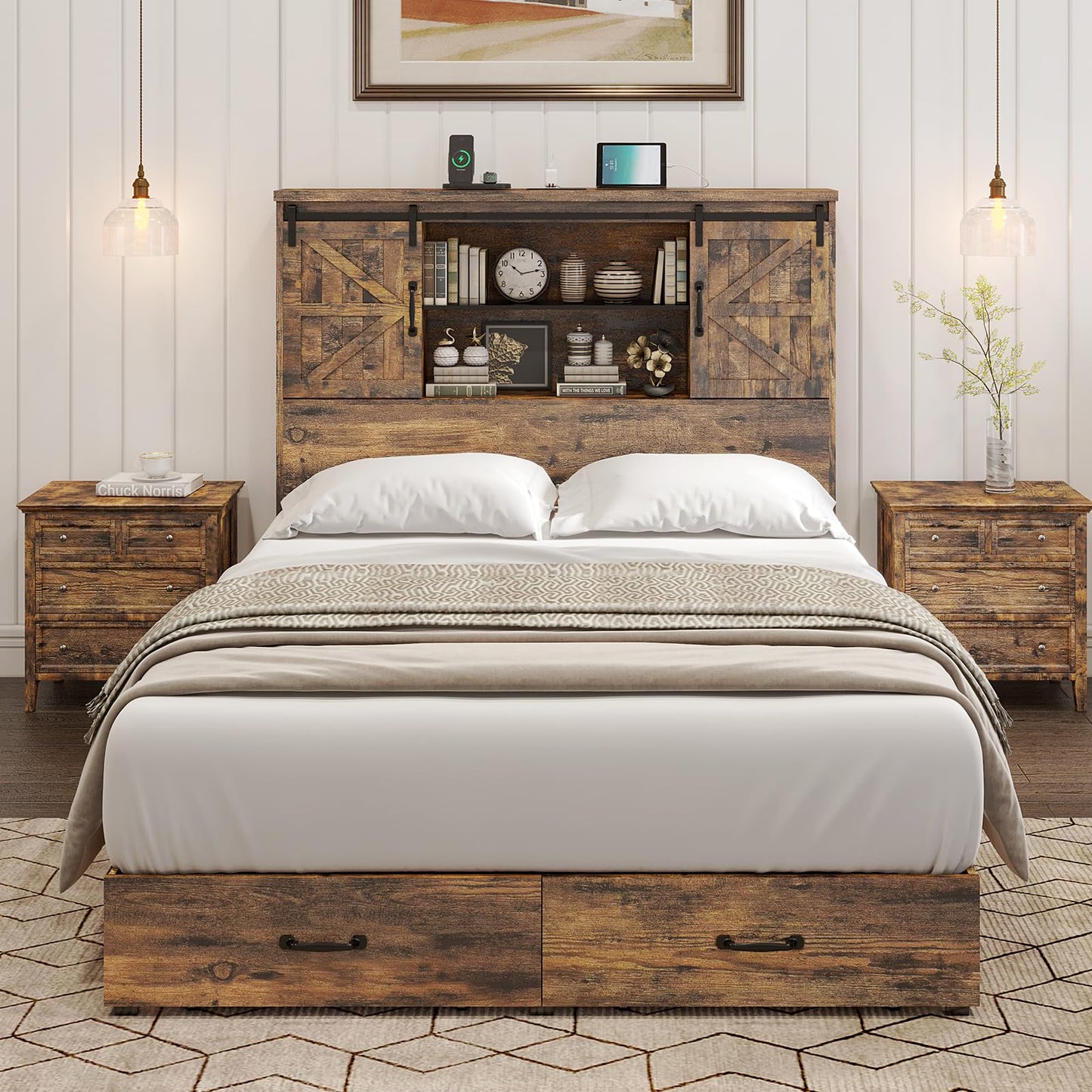 HOWE Full Size Wood Platform Bed Frame with 51.2" Bookcase Headboard, Storage Bed with Sliding Barn Door Charging Station 2 Drawers, No Box Spring Needed/Noise Free/Farmhouse/Rustic Brown