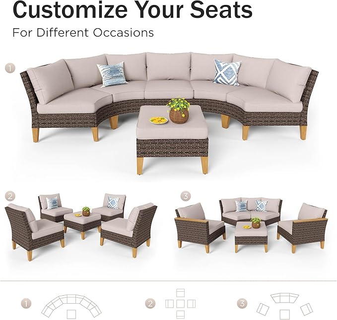 PHI VILLA 7-Piece Half Moon Patio Furniture Set with 56" Fire Pit Table, Outdoor Wicker Sectional Sofa with Thick Beige Cushions, Large Curved Conversation Seating for Garden or Backyard