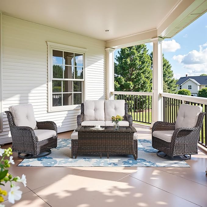 Belord Wicker Outdoor Furniture Patio Furniture Set - 6 Piece Patio Conversation Set with Swivel Rocker Chairs, Loveseat Sofa, Ottomans and Coffee Table, Beige Cushion