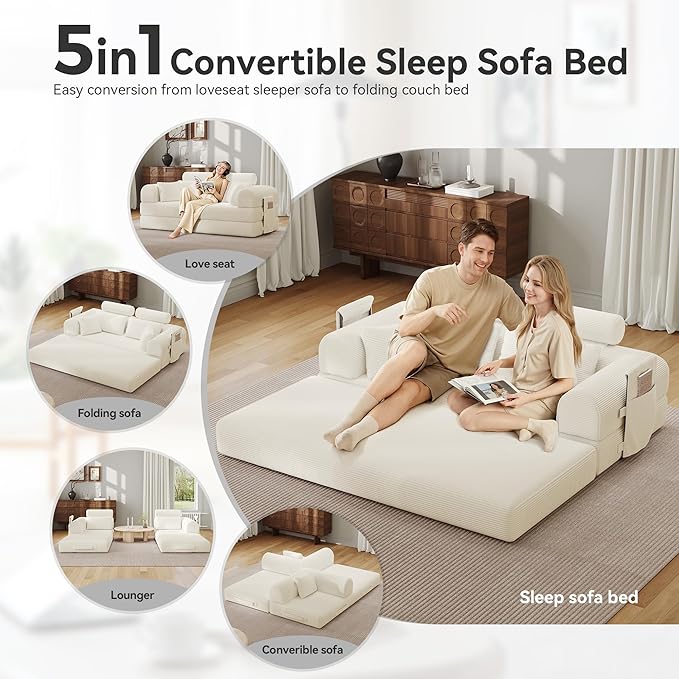 ZQRhome 2026 Upgrade Convertible Sofa Bed, 79 Inch Boneless Couch with Fixed-Shape Frame, Corduroy Fabric with High Backrest, Floor Sofa Modular Futon Couch for Living Room Bedroom Lounge (White) | High Backrest, No Assembly, Convertible Sofa, Space-Sa...