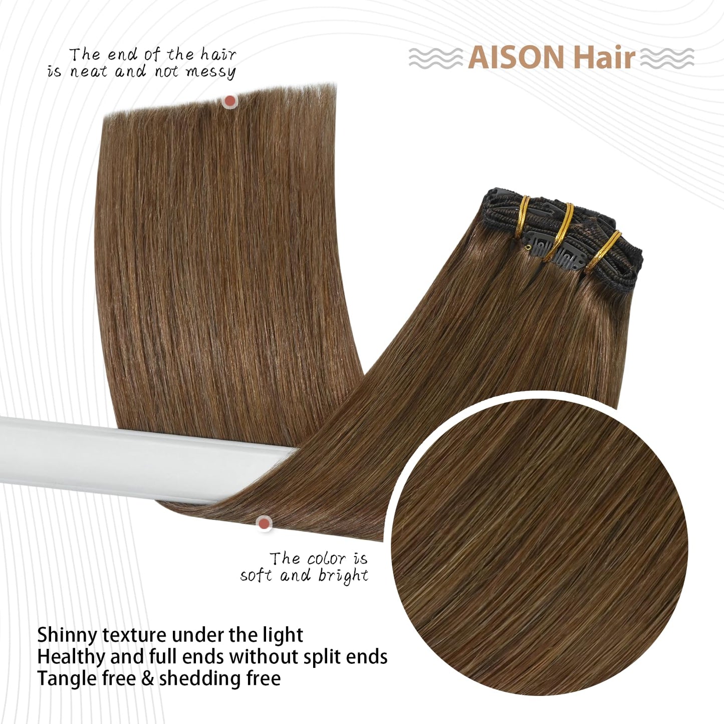 Aison Light Brown Clip in Human Hair Extensions 7pcs Remy Hair 16clips for Women #6 Chestnut Brown Hair Extensions Real Human Ha