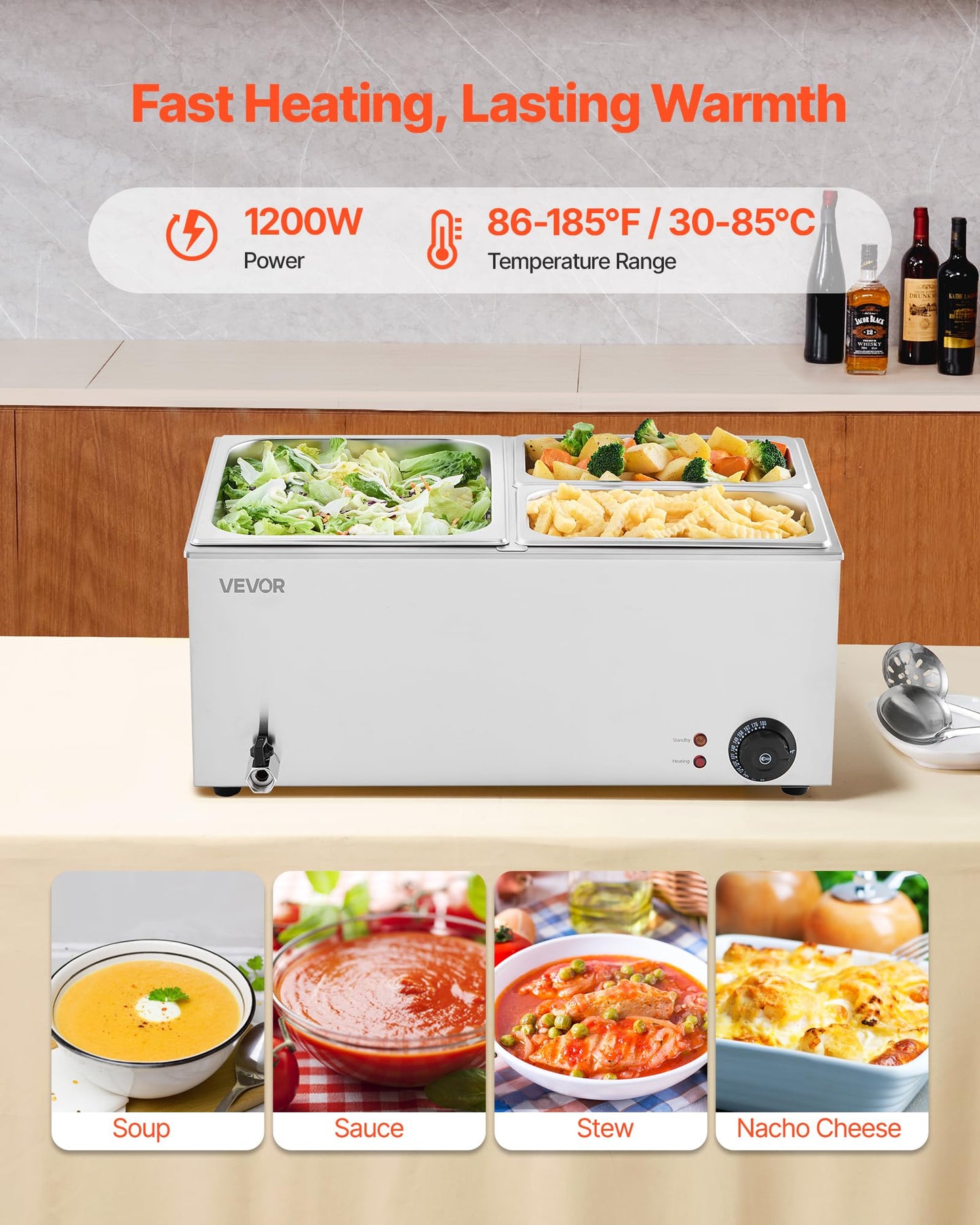 VEVOR 3-Pan Commercial Food Warmer, 24QT Electric Steam Table, 1200W Professional Countertop Stainless Steel Buffet Bain Marie with 86-185°F Temp Control for Catering and Restaurants, Silver
