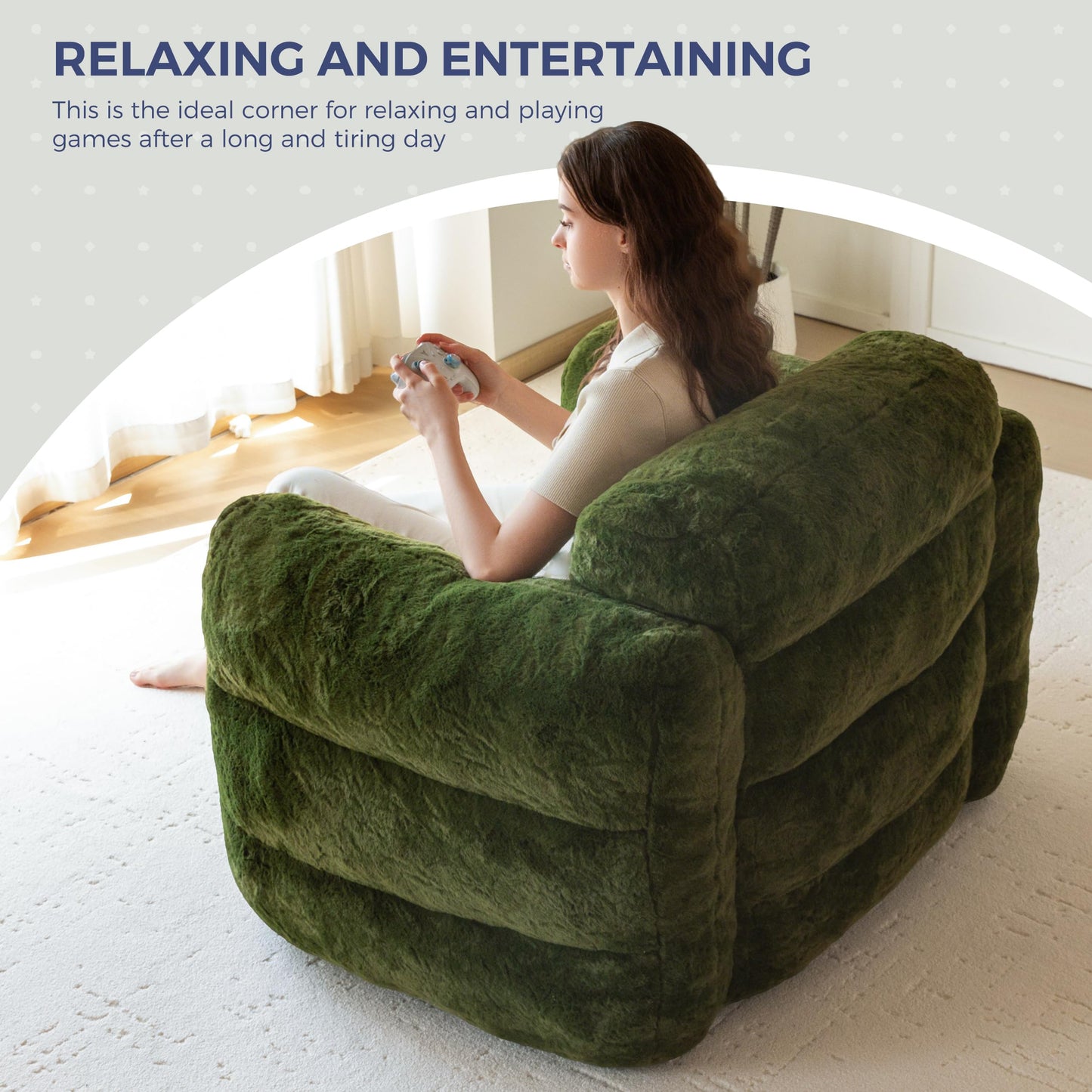 MAXYOYO Giant Bean Bag Chair for Adults, Ultra Soft Fluffy Bean Bag Sofa, Oversized Floor Sofa for Living Room Bedroom, Cozy Reading Chair with Filler, Green