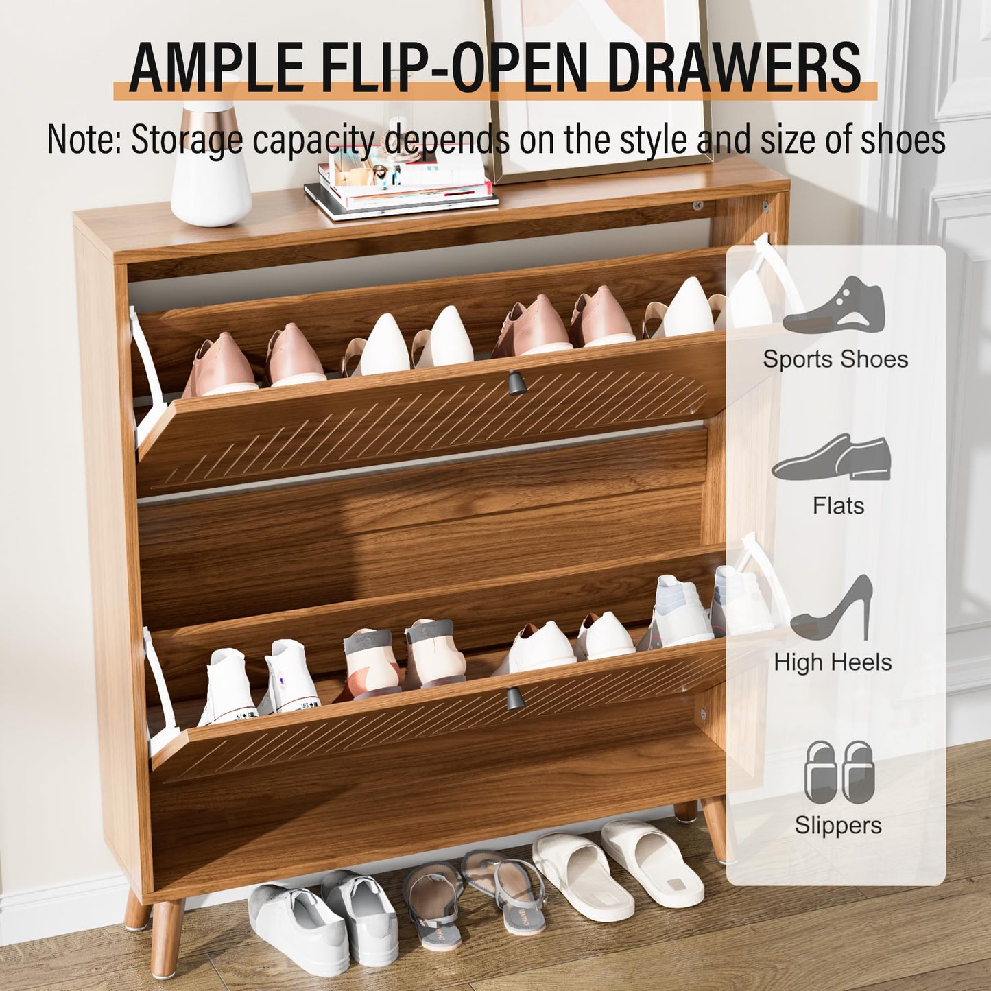 Fsbecl Shoe Storage Cabinet for Entryway with 2 Flip Drawers, Narrow Wood Shoe Cabinet with Fluted Panel, Freestanding Hidden Shoe Organizer for Foyer, Hallway (Walnut - No Shelf)