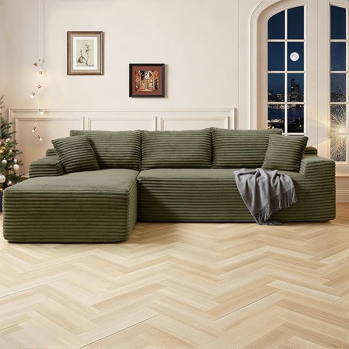 108" Cloud Sectional Couch,Modern Modular Sectional Sofa with Deep Seat,Corduroy Boneless Couches with L-Shape Chaise for Living Room,No Assembly Required (Green, Left Facing Chaise)