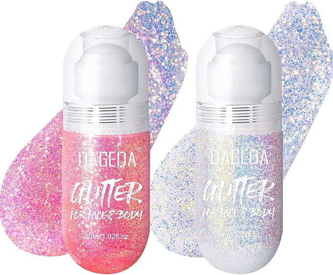 DAGEDA 2Colors Roll-on Body Glitter Gel for Body, Hair, Face, Holographic Glitter Makeup for Rave Accessories, Body Shimme...