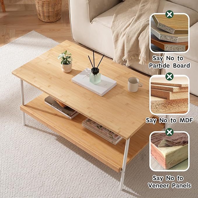 Baveke Bamboo 2 Layer Coffee Table - Tier Storage Mid Century Modern Farmhouse Center Table for Living Room, Bedroom, Office, Patio(Natural)