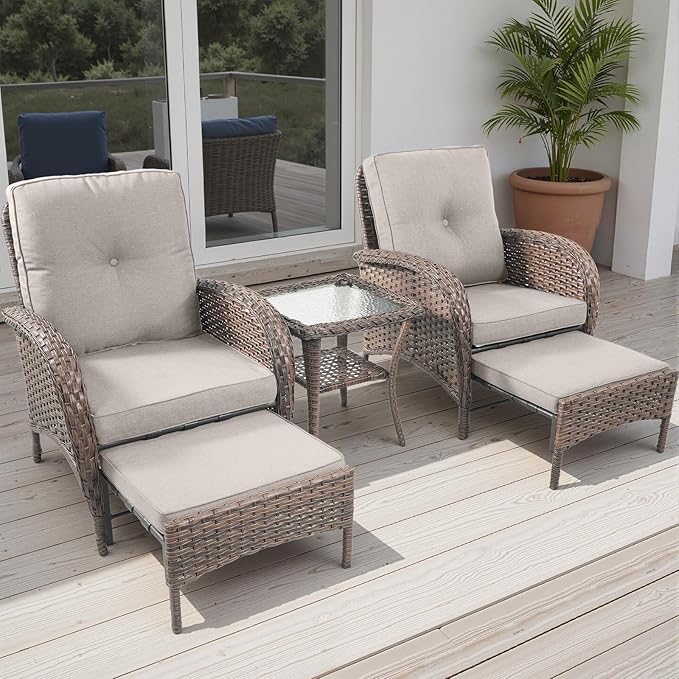 Rilyson Wicker Patio Furniture Set - 5 Piece Balcony Furniture Set with Hidden Ottomans, Rattan Outdoor Patio Chairs with Side Table for Porch Deck Poolside Garden Brown/Beige