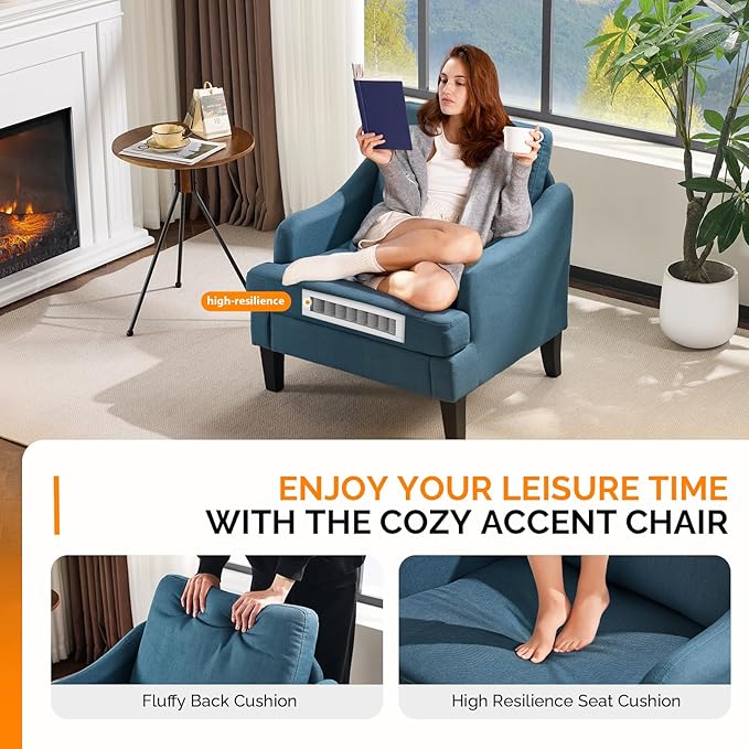 VINGLI Linen Fabric Accent Chairs Set of 2, Navy Blue Modern Upholstered Armchair, Comfy Sofa Chair Living Room Bedroom Furniture for Apartment