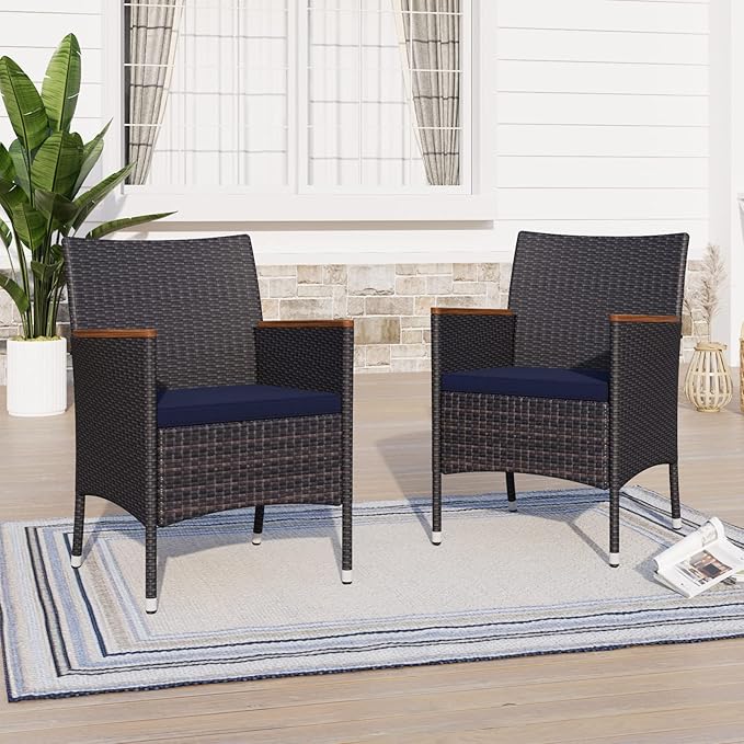 Sophia & William Rattan Patio Chairs Set of 2, 2 Pcs Wicker Outdoor Dining Chairs with Seat Cushions & Wood Armrest
