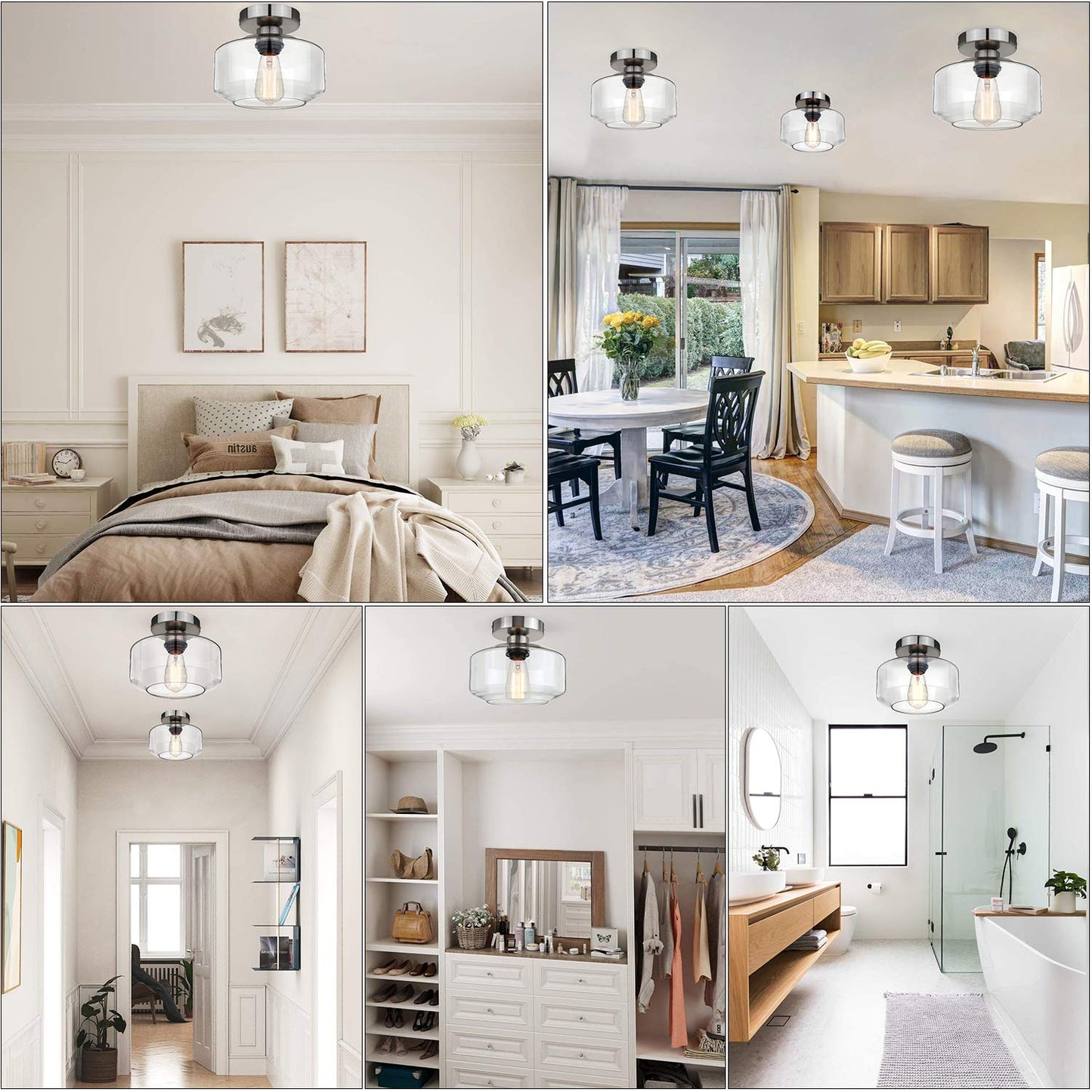 MAXvolador Industrial Semi Flush Mount Ceiling Light Brushed Nickel, Clear Glass Pendant Lamp Shade Farmhouse Lighting Hallway, Hanging Light Fixture