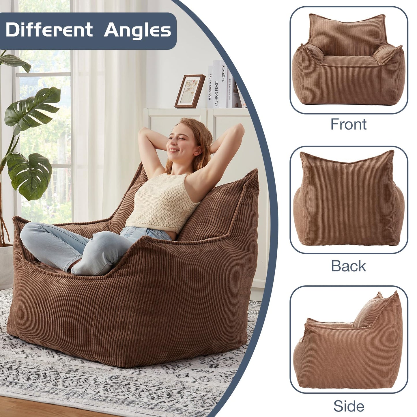 EBENCHICO Giant Bean Bag Chair Sofa for Adults Teens, Comfy Corduroy Large Bean Bag Chairs with Armrests for Bedroom Living Room, Adult BeanBag Lazy Sofa Couch Chairs with Filler Included