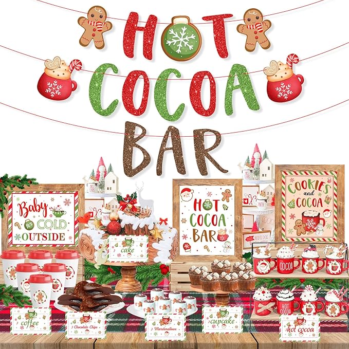 Hot Chocolate Bar Kit,Green Red Christmas Hot Cocoa Bar Supplies, Gingerbread Man Hot Cocoa Bar Banner Sign Toppings Label...