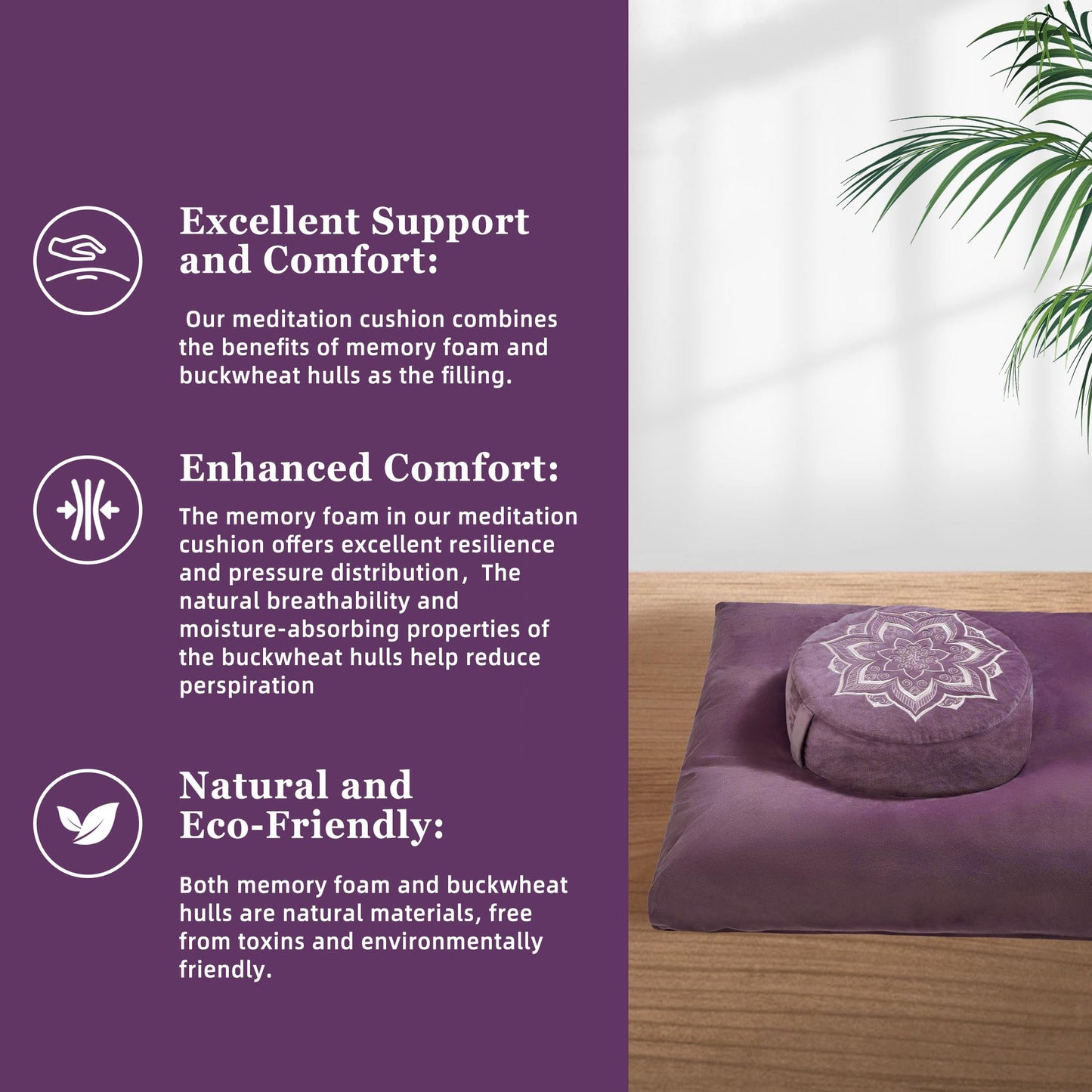 hunnidspace Meditation Zafu Cushion Set with Buckwheat Hulls & Memory Foam - Ergonomic Support for Yoga & Sitting - Removable Machine-Washable Luxury Velvet Cover - for Adults and Kids (Purple)