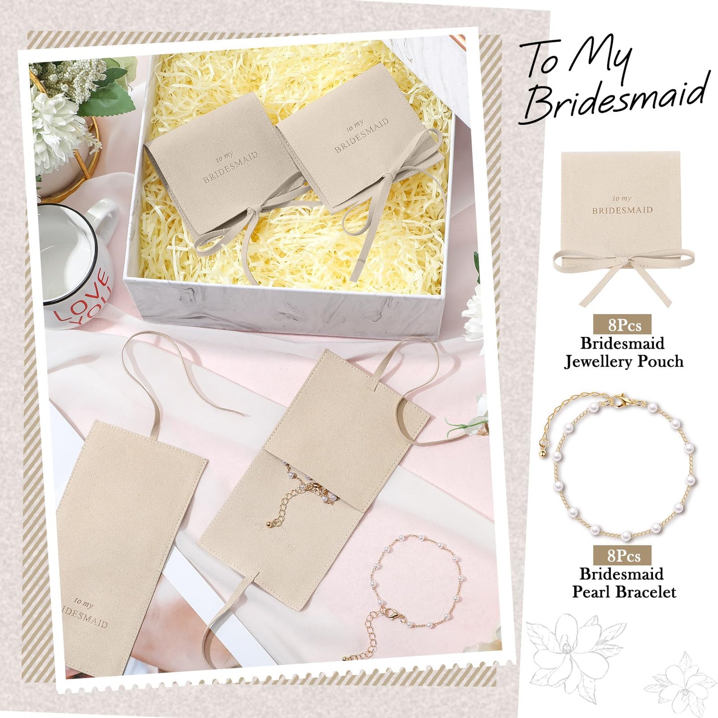 Quelay 16 Pcs Jewelry Bridesmaid Gift Pearl Bracelet Microfiber Jewelry Bag Pouch Set of 8 for Wedding Bridal Party Favor(Beige, Gold,Bow Tie)