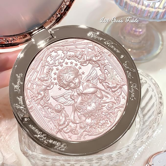 Flower Knows Little Angel Embossed Highlighter-Rosy Pearl Highlighter Powder,Dreamy Pink Shimmer,Long-Lasting Soft Ethereal Glow,Feather-Light,Soft Sculpting Velvet Finish(L01 Eros's Fable)