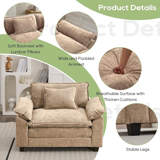 Oprisen Modular Sectional Sofa, Comfy Cloud Couch Sectional Sofa, Chenille Sofa Sleeper Deep Seat Sofa with Throw Pillows for Living Room (Khaki, 53"- Single Seat)