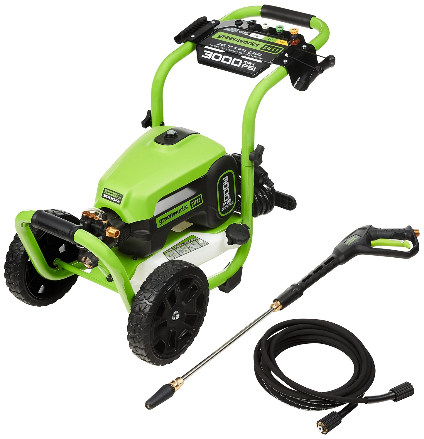 Greenworks 3000 PSI (2.0 GPM Max) Brushless Electric Pressure Washer, Steel Wand, On-Board Soap Tank (15°, 25°, 40°, Soap, and Turbo Nozzle)
