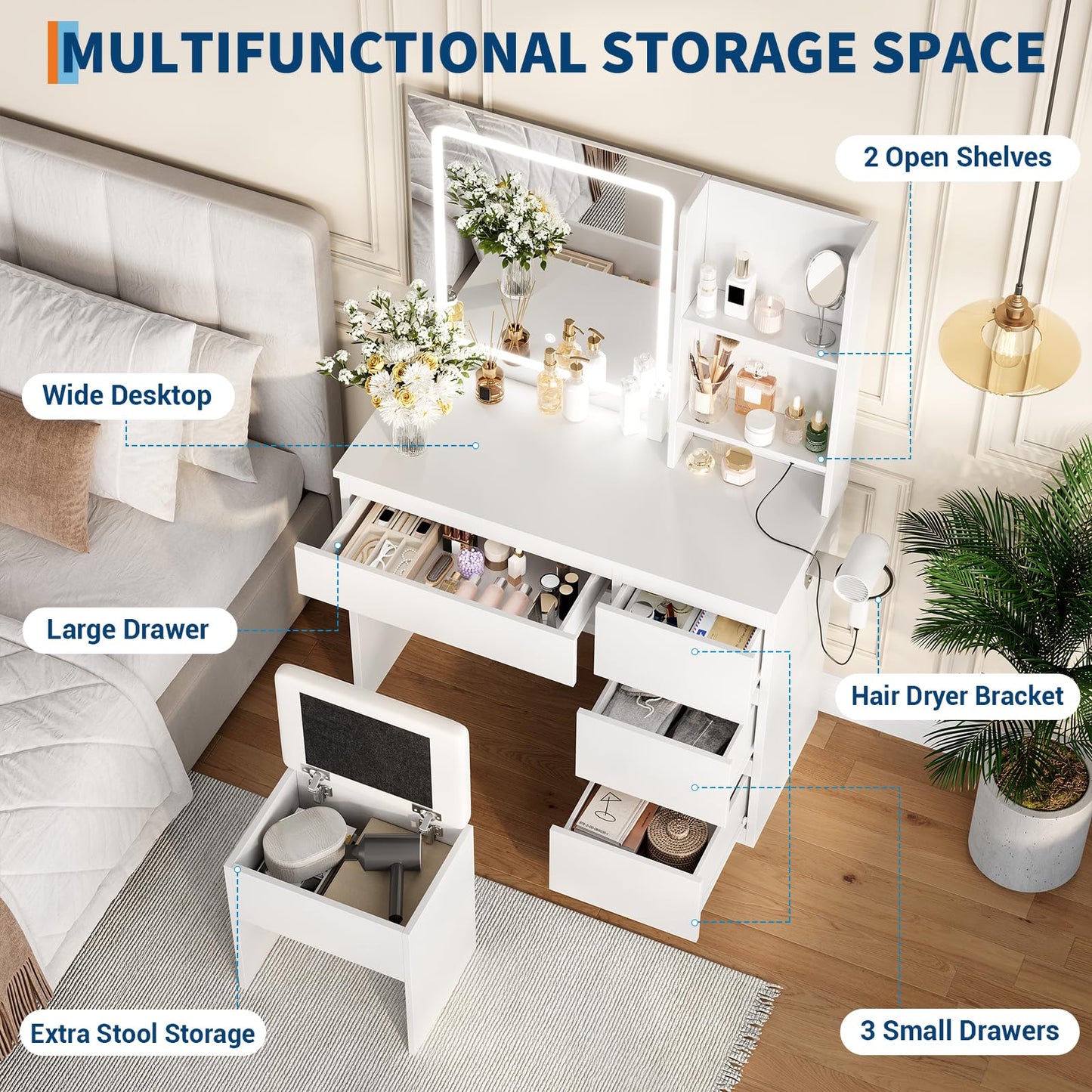 Vanity Desk with Mirror and LED Light, Vanity Desk with 4 Drawers, Power Outlet, Storage Stool, Open Shelves, Hairdryer Holder, Adjustable 3 Lighting Mode, Makeup Vanity Set for Bedroom, White