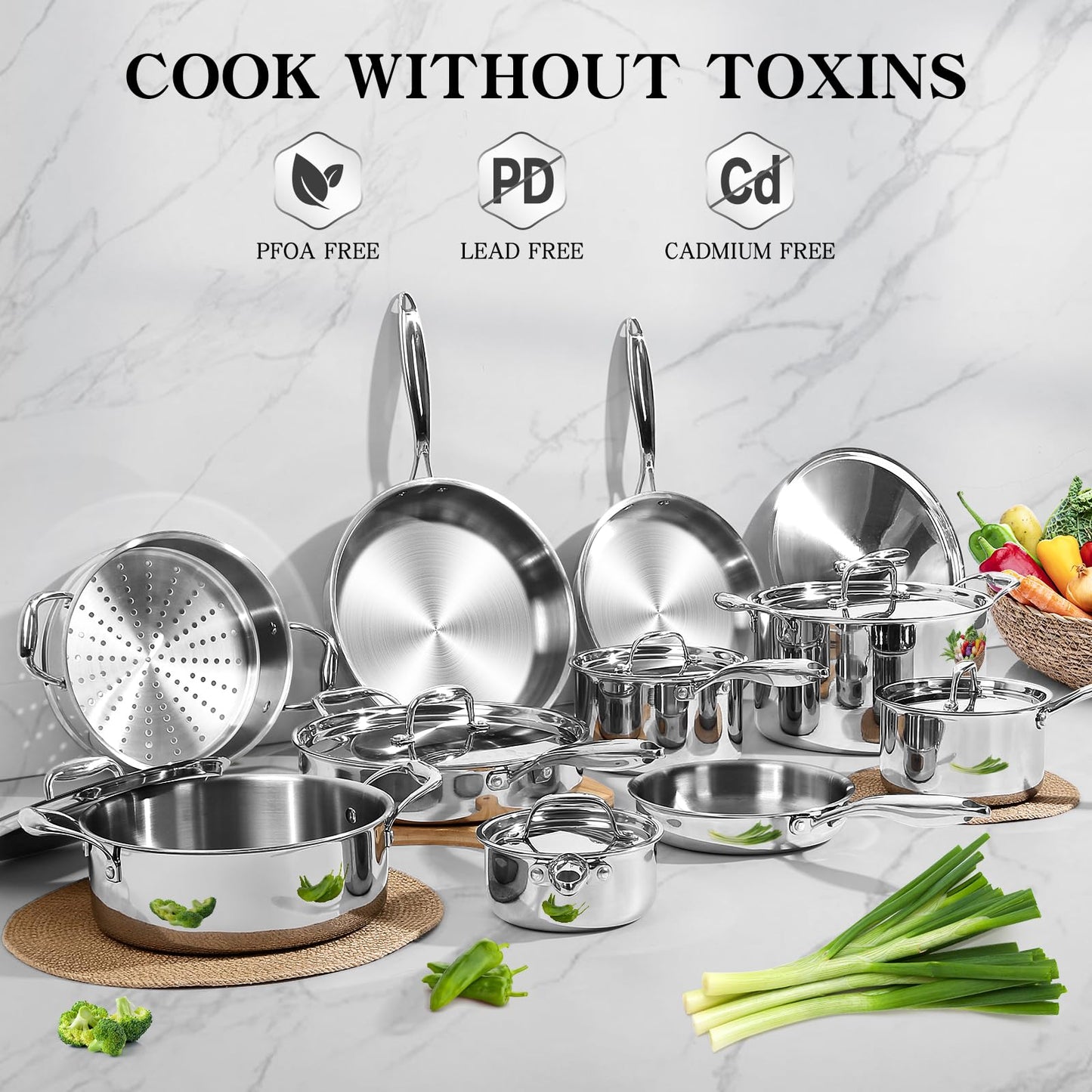 EWFEN Stainless Steel Cookware Set, 3 Ply 17 Piece Stainless Steel Pot and Pan Set, Oven Dishwasher Safe | Induction Compatible Frying Pans, Saucepans, Saute Pan & Stock Pot, PFOA, PTFE & PFOS Free