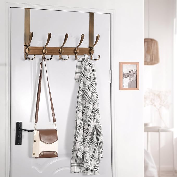 Dseap Over The Door Hook Hanger - 5 Tri Hooks, Heavy Duty Over The Door Towel Rack Coat Rack for Clothes Hat Towel,Red Antique Copper