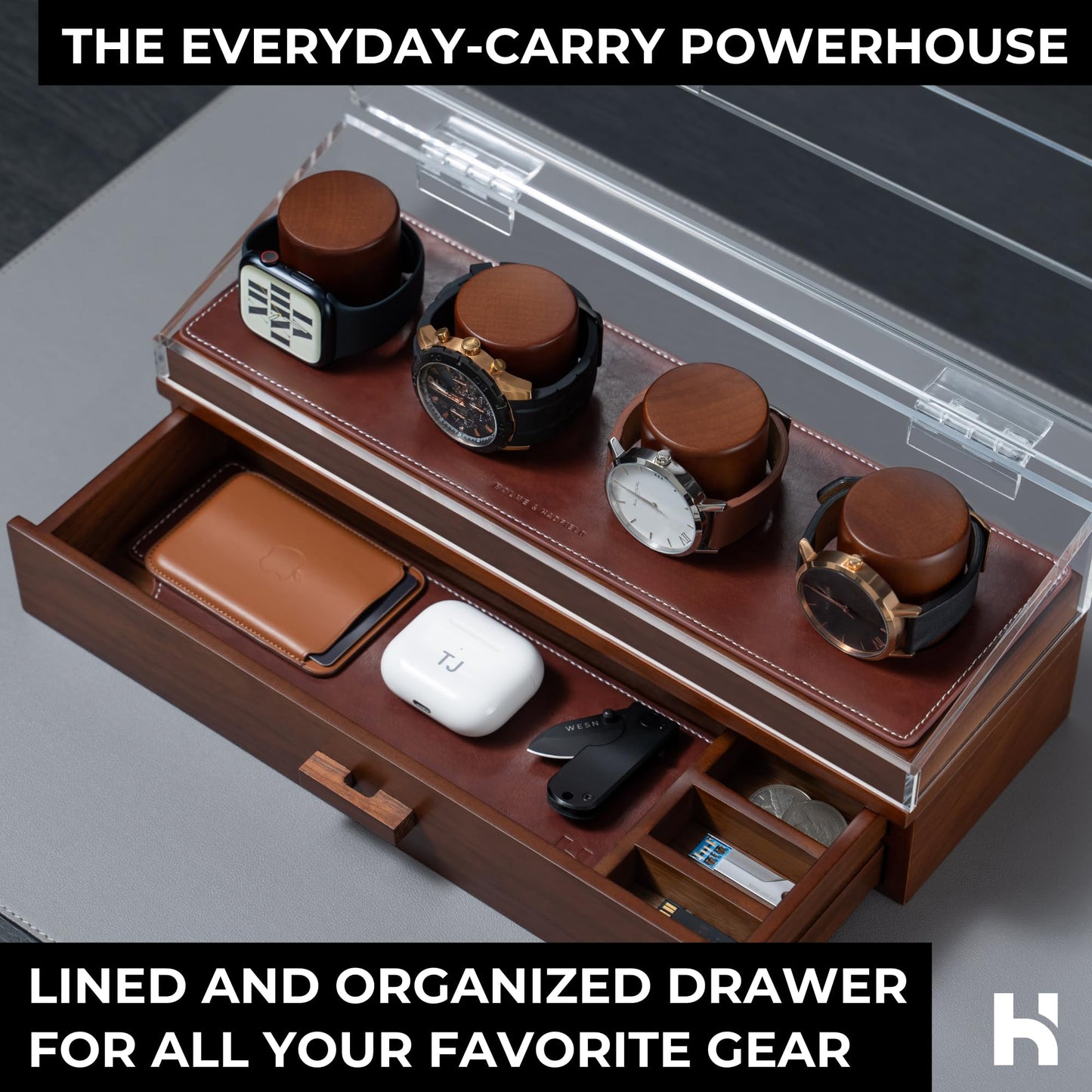 Holme & Hadfield Premium 4-Slot Wooden Watch Display Case – Handcrafted Men’s Watch Box with Accessory Drawer, Hinged Cover, Leather Lining – Birthday Gift for Collectors – Luxury Built to Last