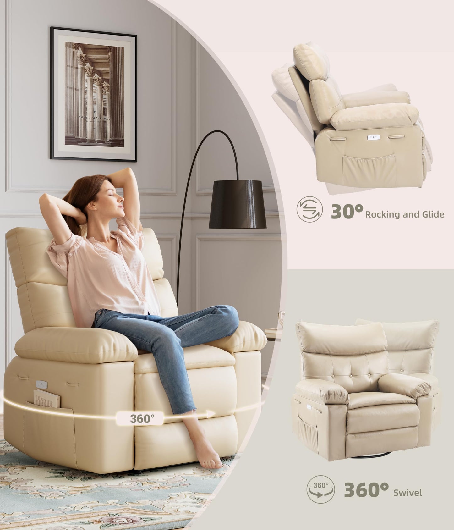 Swivel Rocker Recliner Chair, Massage Recliner Chair with Heat, 360° Swivel PU Leather Manual Recliner for Adults, Long Sitting Fatigue Relief and Shoulder Neck Relaxation, Beige