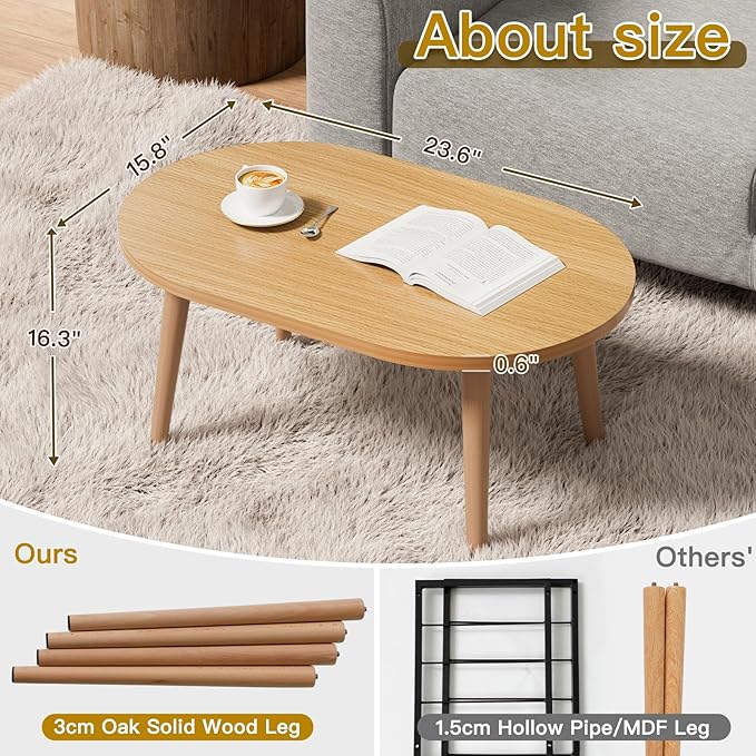 Small Coffee Table for Small Space, Low Table with Solid Wood Legs, Floor Table Desk for Sitting on The Floor, Japanese Coffee Table for Living Room, Tatami Tea Tables, Oval Coffee Tables, Brown