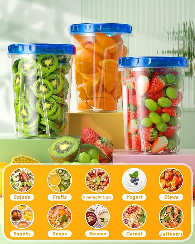 12 Pack-34 oz Freezer Storage Containers, Plastic Food Storage Containers with Twist Top Lids, BPA Free and Reusable Soup Containers with Lids, Leakproof/Microwave/Dishwasher Safe
