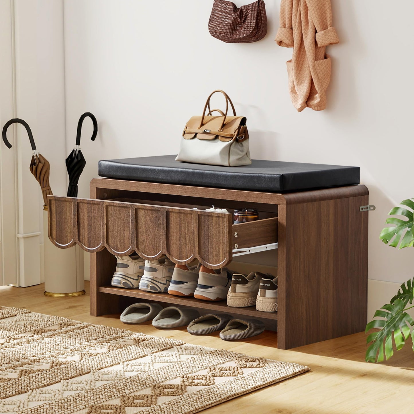 Shoe Storage Bench with Cushion, Shoe Rack Organizer Cabinet Bench with Wave Panel Drawer and Open Shelf for Entryway, Hallway, Living Room (Walnut)