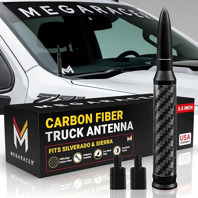 Anodized Black Carbon Fiber 50 Cal Bullet Antenna for Chevy Silverado & GMC Sierra 1500 2500 (1999-2026) – Billet Aluminu...