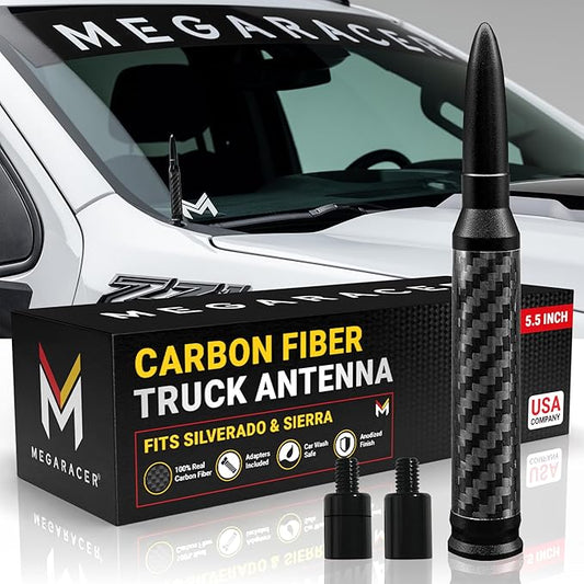 Anodized Black Carbon Fiber 50 Cal Bullet Antenna for Chevy Silverado & GMC Sierra 1500 2500 (1999-2026) – Billet Aluminu...